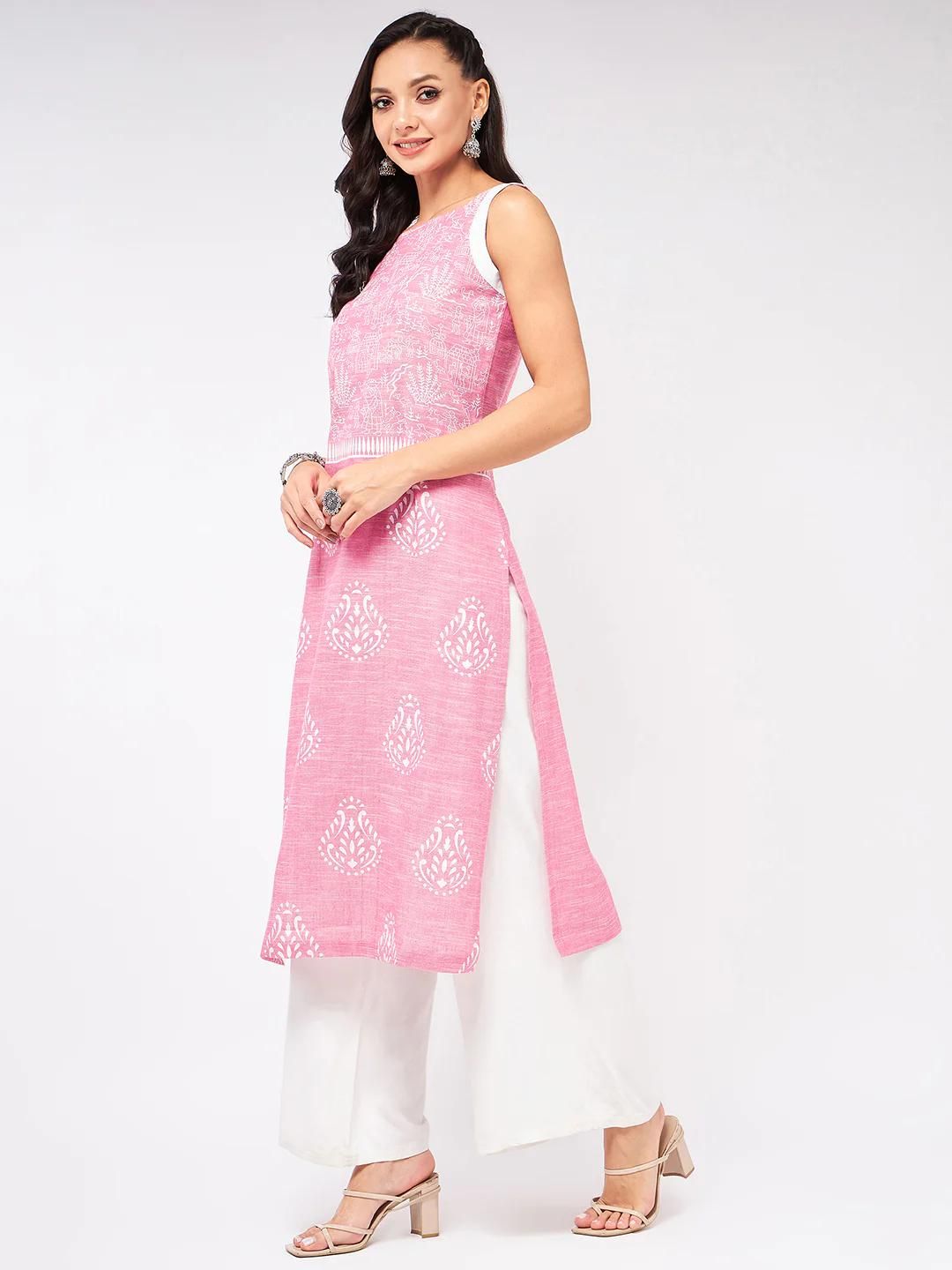 PANNKH Sleeveless Printed Chambray Pink Kurta