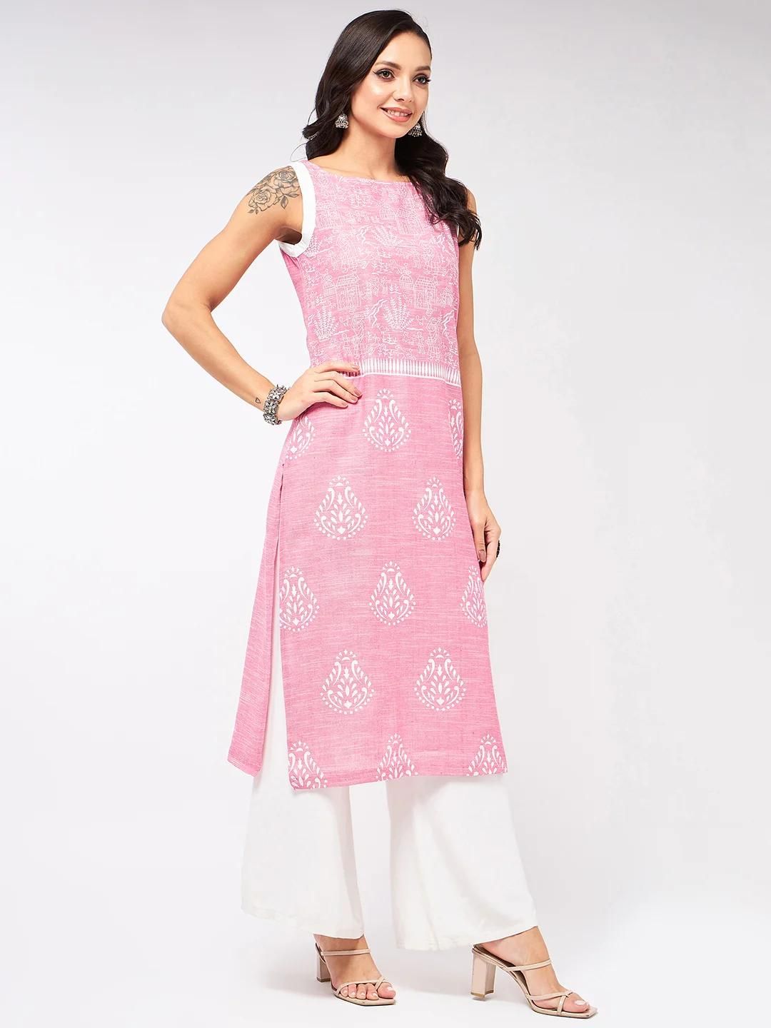 PANNKH Sleeveless Printed Chambray Pink Kurta